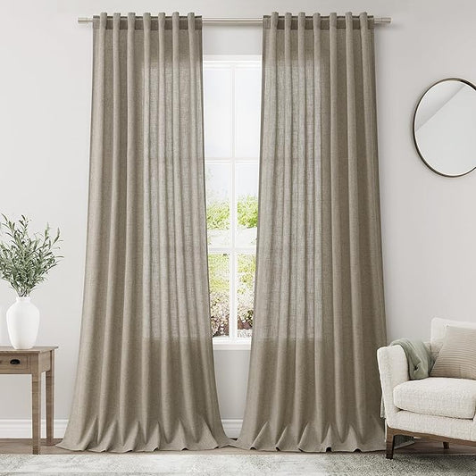 Mocha Linen Curtains 120 Inch Extra Long for Living Room Back Tab Light Filtering Semi Sheer Drapes Modern Farmhouse Boho Decor Cotton Textured Curtain for Floor to Ceiling High Window 52x120