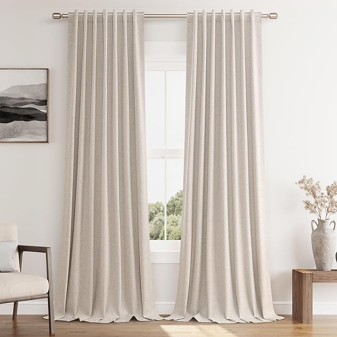 Guken Oatmeal 100% Blackout Curtains 90 Inch Length 2 Panels Set for Living Room Bedroom Back Tab Thermal Insulated Black Out Linen Drapes Room Darkening Window Curtains 90 Inches Long