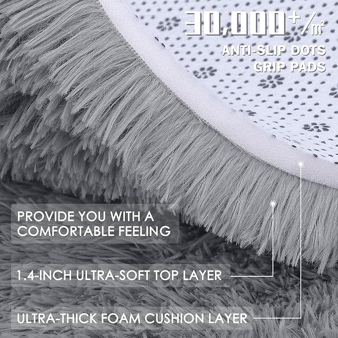 OLANLY 6x6 Area Rugs for Living Room Bedroom, Machine Washable Soft Fluffy Shaggy Bedside Rug, Indoor Floor Carpet for Kids Girls and Boys, Dorms, Nursery Rooms, Home Decor Aesthetic, Light Grey