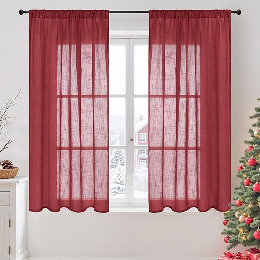 BGment Burgundy Curtains Semi Sheer 48 Inch Length for Windows, Linen Drapes Lightweight Rustic with Rod Pocket for Short Living Room Bedroom Office, 2 Panels Set, Each 42 Inch Wide
