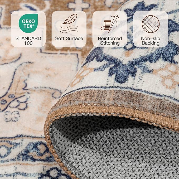Lofus 2'6"x14' Runner Rug for Hallways, Washable Kitchen Rugs, Non-Slip Rugs for Entryway and Bedroom, Vintage Boho Carpet, Soft Low Pile Long Runner Area Rug, Floral Brown