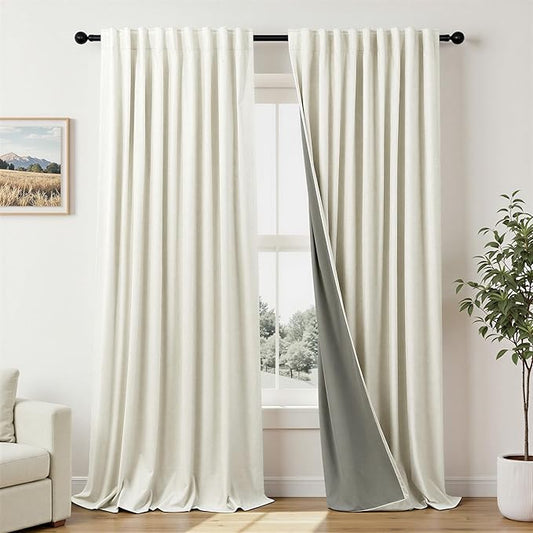 Extra Wide Room Darkening 90 Inch Curtains 2 Panels for Living Room Ivory Cream Colored Linen Blackout Curtain for Bedroom Windows 120 to 140 Privacy Thermal Window Drapes Back Tab Pocket 70x90 Long