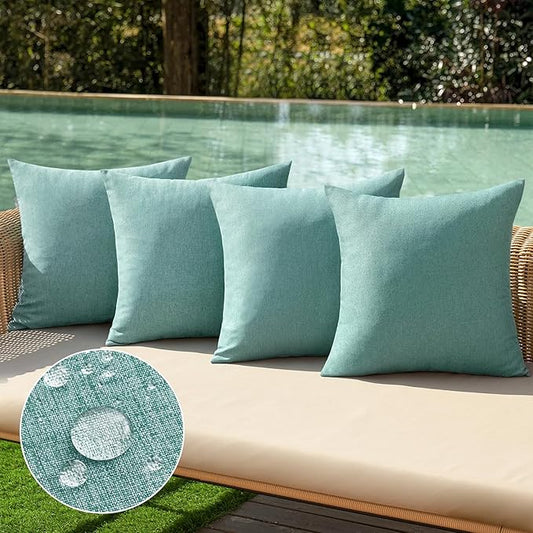 MIULEE Pack of 4 Decorative Outdoor Throw Pillow Covers Linen Waterproof Pillow Covers Spring Farmhouse Cushion Cases for Patio Garden Tent Balcony Couch Sofa 16x16 inch Teal