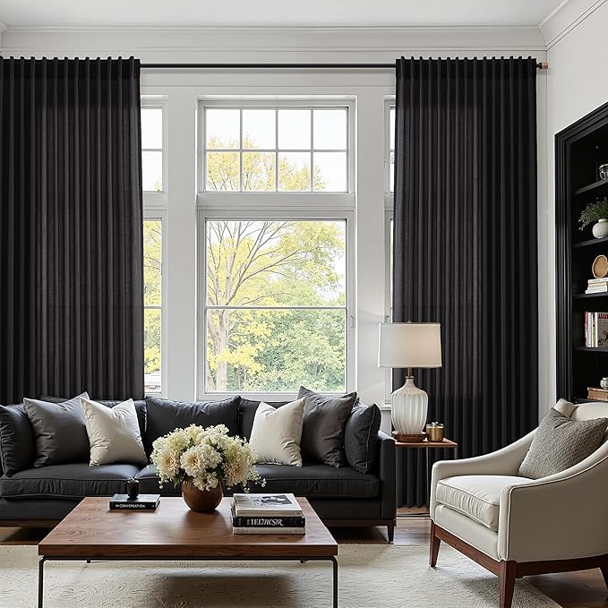 Nanspring Vintage Black Linen Curtains 84 Inch Length 2 Panels Set for Living Room Light Filtering Semi Sheer Curtain Back Tab Privacy Luxury Gothic Vintage Decor Drapes for Bedroom Office 52x84
