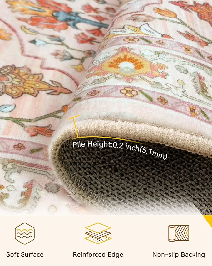 RELEANY Area Rugs 4'x6' Washable Non-Slip, Floral Vintage Distress Print Pattern Medallion Carpet for Living Room Bedroom Dining Room, Light Pink Colorful