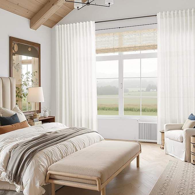 Nanspring Neutral Linen Curtains 90 Inches Long for Living Room Light Filtering Semi Sheer Curtain Coastal Modern Farmhouse Decor Drapes for Bedroom Office Back Tab and Rod Pocket 52x90, 2 Panels
