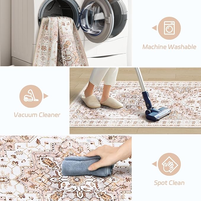 Madane Runner Rug 2'6''x8' Kitchen Runner, Hallway Runner Printed Vintage Washable Rugs Soft Non-Slip Low Pile Runners for Hallways Laundry Room Rug Distressed Rug, Pink