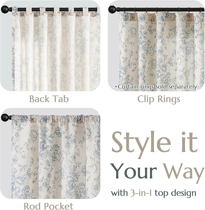 jinchan Linen Blend Curtain Floral Curtains for Living Room 54 Inch Length Blue Printed Curtain Rod Pocket Back Tab Farmhouse Peony Flower Patterned Drapes Bedroom Window Curtains Set 2 Panels