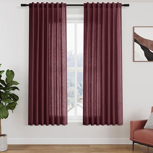 Burgundy Linen Curtains 63 Inches Long 2 Panel Sets for Living Room Bedroom Rod Pocket Back Tab Light Filtering Drape for Kitchen Window Short Protect Privacy Curtain Modern Farmhouse Decor 52x63