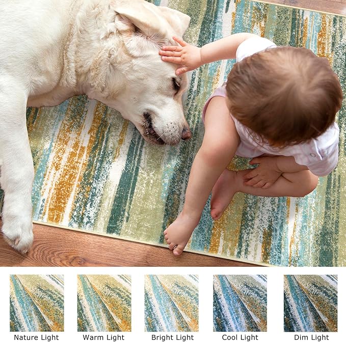 Lansny Modern Abstract Entryway Rug Indoor 2x3 Washable Rug Non-Slip Soft Small Area Rug Green Mustard Multi Kitchen Mats Thin Print Faux Wool Floor Carpet Throw Rugs for Entrance Bedroom Home Decor