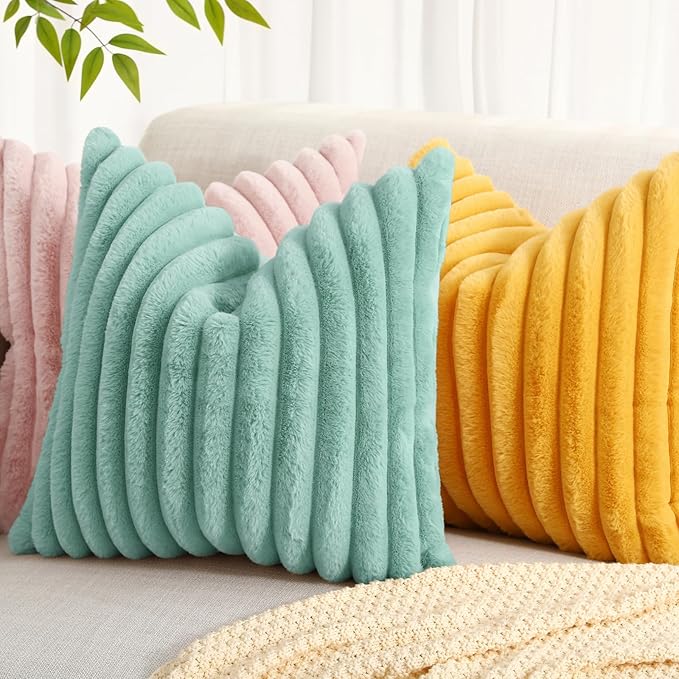 decorUhome Summer Cozy Faux Fur Throw Pillow Covers 12x20 Set of 2 Decorative Soft Plush Striped Lumbar Modern Farmhouse Boho Couch Pillow Cases with Velvet Back for Sofa Bed Living Room, Aqua