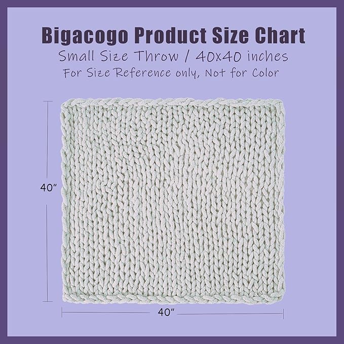 Bigacogo Chunky Knit Throw Blanket for Couch, 40x40 inches, 100% Hand Knitted with Thick Jumbo Chenille Yarn, Cozy Soft Large Rope Knot Cable Crochet Blankets for Sofa Bed Living Room, White