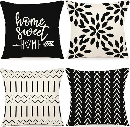 YCOLL Pillow Covers 18x18 Set of 4, Modern Sofa Throw Pillow Cover, Decorative Outdoor Linen Fabric Pillow Case for Couch Bed Car, Black