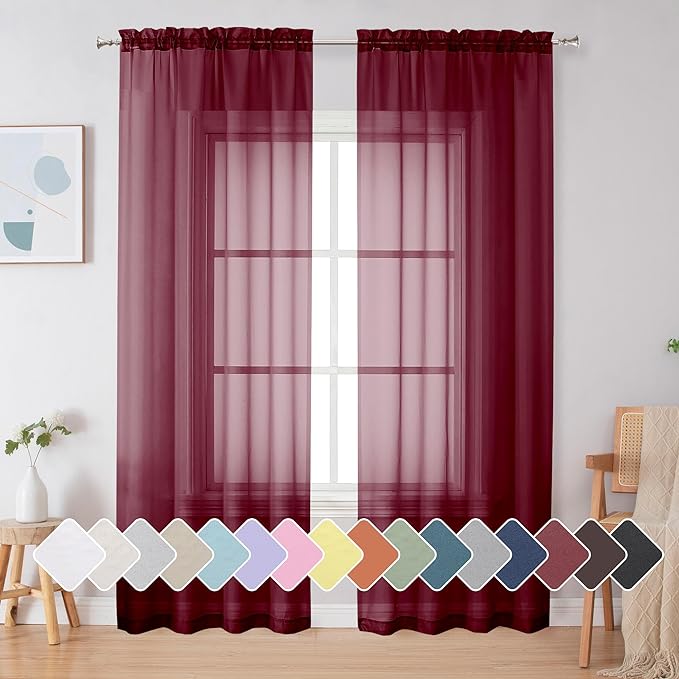 Simplebrand Red Sheer Curtains 84 Inches Long, Light Filtering Rod Pocket Solid Color Window Sheer Curtain Panels, Elegant Curtains & Drapes for Living Room, Bedroom 2 Panels (Burgundy, 42" W x 84" L)