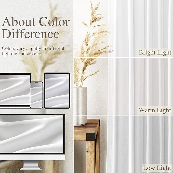 Nanspring White Linen Curtains Extra Long Back Tab Curtains 133 Inches Long for Living Room Semi Sheer Light Filtering Linen Drapes Ceiling to Floor for Large Window Farmhouse 2 Panels Set 52x133