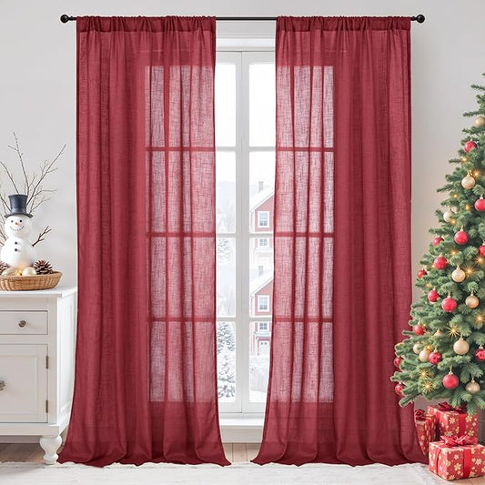 BGment Long Linen Semi Sheer Curtains 102 Inch Length for Living Room, Burgundy Lightweight Window Drapes for Bedroom with Rod Pocket Rustic Textured, 2 Panels Set, Each 52 Inch Wide