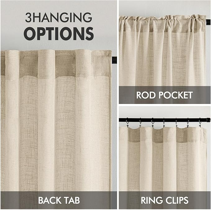 MIULEE Linen Curtains 96 Inch Length 2 Panels for Bedroom Living Room, Soft Thick Linen Textured Back Tab Window Drapes Semi Sheer Light Filtering Rod Pocket Modern Farmhouse Decor