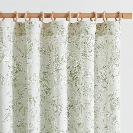 jinchan Floral Curtains 108 Inch Length Sage Green Flower Linen Farmhouse Curtain for Living Room French Country Vintage Curtain Rod Pocket Curtains Set 2 Panels Floral Printed
