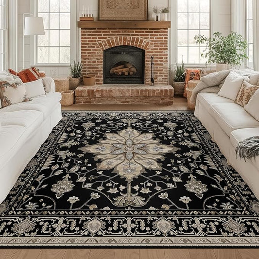 Area Rugs Square 8ft Washable Non-Slip, Floral Vintage Distress Print Pattern Medallion Carpet for Living Room Bedroom Dining Room, Black Brown Neutral Dark Tan