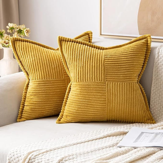 MIULEE Decorative Throw Pillow Covers for Couch Bed Livingroom 16x16 Inch Set of 2 Fall Mustard Yellow Boho Accent Throw Pllows Broadside Striped Patchwork Soft Corduroy Pillowcases