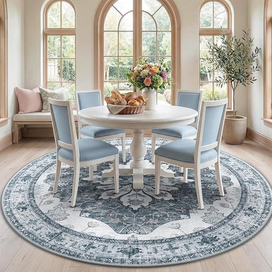 Area Rugs 7ft Washable Non-Slip, Floral Vintage Distress Print Pattern Medallion Carpet for Living Room Bedroom Dining Room, Light Gray Grey White