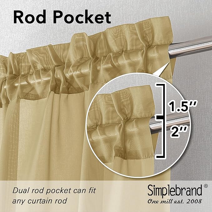 Simplebrand Gold Sheer Curtains 90 Inches Long 2 Panels, Light Filtering Rod Pocket Solid Color Window Sheer Curtain Panels, Elegant Curtains & Drapes for Living Room, Bedroom, 59" W x 90" L