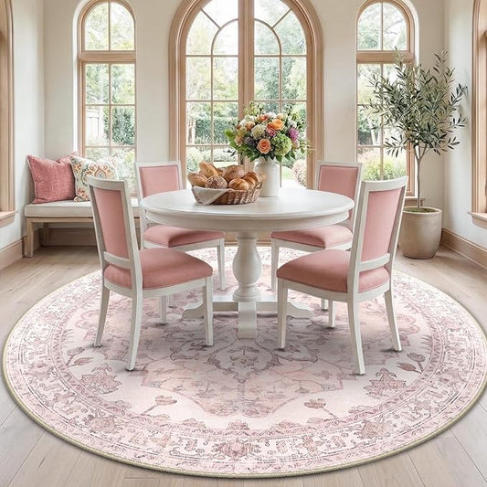 Area Rugs 7ft Washable Non-Slip, Floral Vintage Distress Print Pattern Medallion Carpet for Living Room Bedroom Dining Room, Pink Greypink Cute