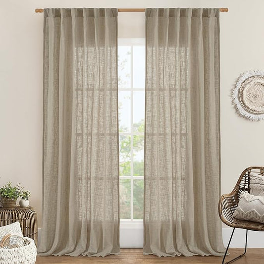 LAMIT Linen Semi Sheer Curtains 96 inches Long 2 Panels Set, Light Filtering Panels Back Tab and Rod Pocket Floor to Ceiling Curtains for Bedroom/Living Room, Taupe, 52 x 96 Inch
