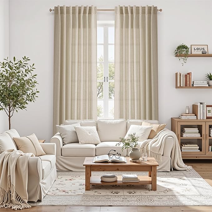 Nanspring Extra Long 120 Inch Curtains for Living Room Eggshell Beige Linen Light Filtering Semi Sheer Curtain Back Tab Rustic Decor Floor to Ceiling High Window for Bedroom Office 52x120, 2 Panels