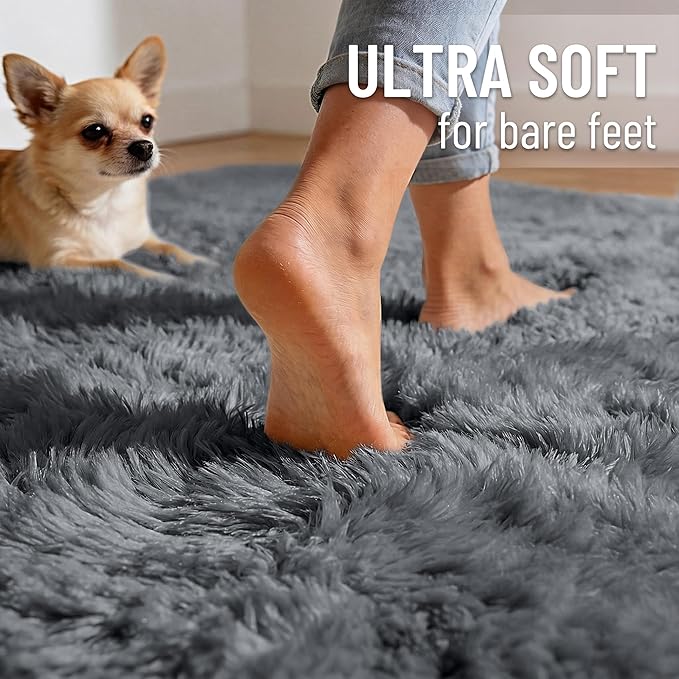OLANLY Grey Round Rugs for Bedroom - Machine Washable, 9 ft Circle Area Rugs for Living Room, Soft and Fluffy Shaggy Carpet for Teen Girls and Boys, Nursery Rooms, Dorms, Home Decor Aesthetic