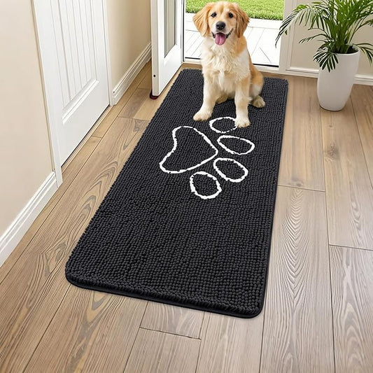 Smiry Dog Door Mat for Muddy Paws, Absorbent Dirt Trapper Non Slip Quick Dry Washable Chenille Mat for Mud Dogs, Entry Rug for Indoor and Outdoor (44x24 Inches, Black and White)