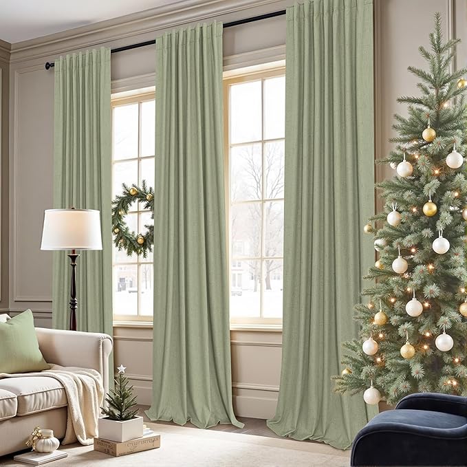 Light Sage Green Back Tab Blackout Curtains for Boys Room Girls 72 Inch Length 2 Panel Cotton Linen Look Window Treatments Thick Soundproof Curtains for Doors Living Room Darkening Drapes Cottagecore