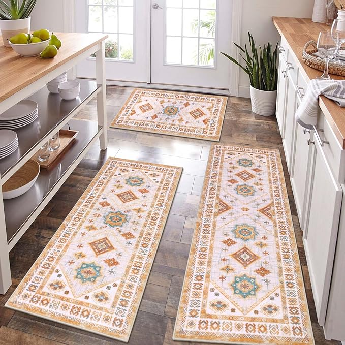 Boho Kitchen Rug Sets 3 Piece with Runner Non Slip Kitchen Rugs