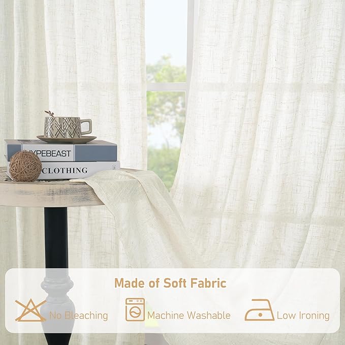 LAMIT Cream Linen Boho Curtains 84 inch Length 2 Panels, Light Filtering Semi Sheer Panels Back Tab and Rod Pocket Neutral Drapes for Bedroom/Living Room, 34 x 84 Inch