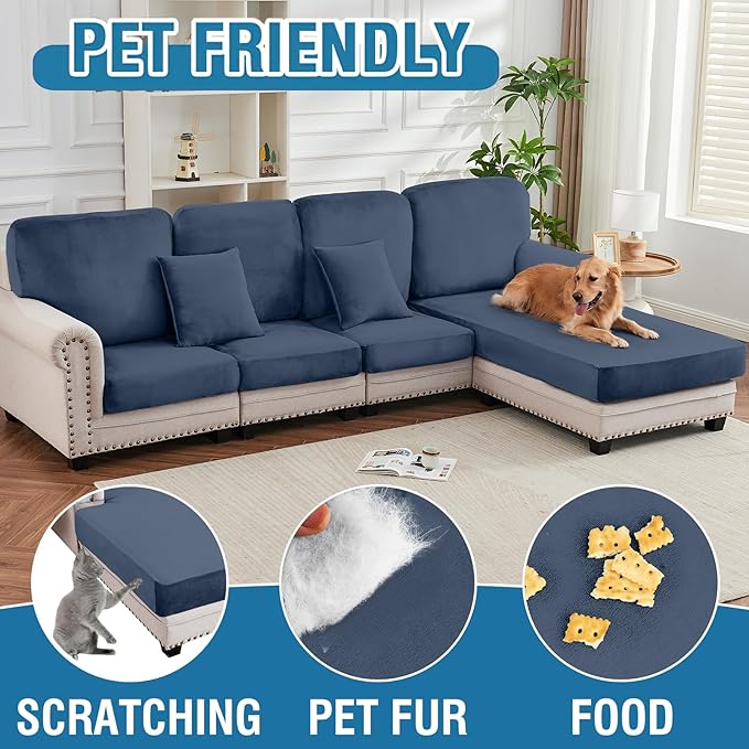 Couch Cover Stretch Velvet Sofa Cushion Cover 3-Piece - Elastic Washable Slipcover for Seat or Backrest, Couch Seat Covers for Sofas (Berlin Blue)