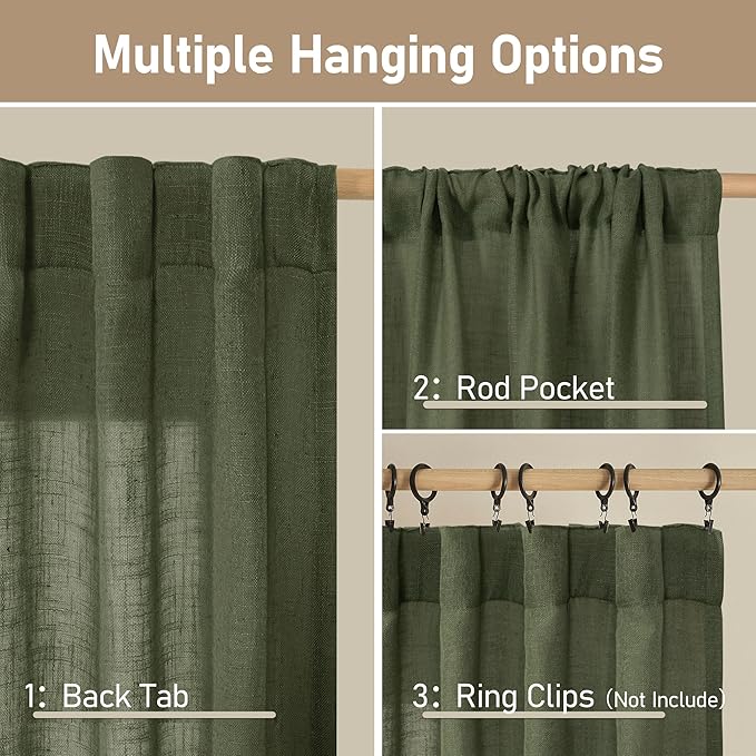 LAMIT Olive Green 72 inch Linen Curtains for Living Room 2 Panels, Linen Textured Light Filtering Semi Sheer Back Tab and Rod Pocket Christmas Curtain Panels for Bedroom/Farmhouse, 52 x 72 Inch