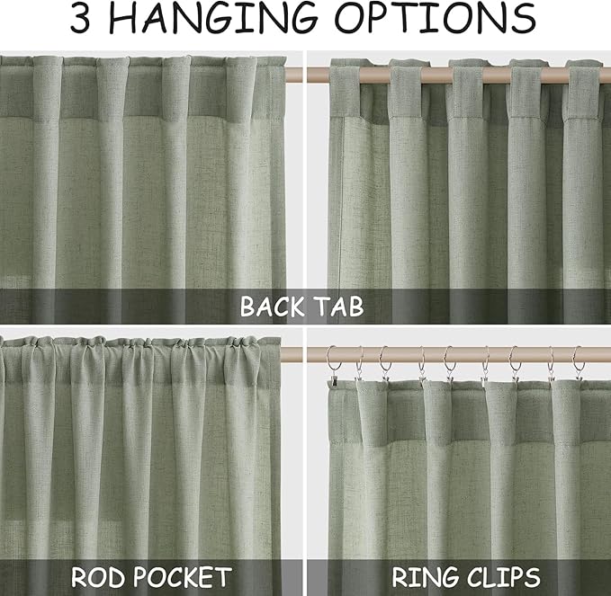 Desert Sage Linen Curtains for Living Room 105 Inches Long Light Filtering Semi Sheer Curtain Back Tab Rustic Farmhouse Decor Elegant Luxury Boho Drapes for Bedroom Dinner Room 52x105, 2 Panels