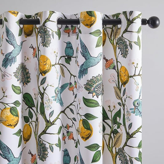Topfinel 90 Inches Long Custom Window Curtains, Unique Chinoiserie Safari Floral Hummingbird Plant Lemon Patterned Extra Wide Noise Dampening Grommet White Satin Shabby Chic Drapes for Living Room