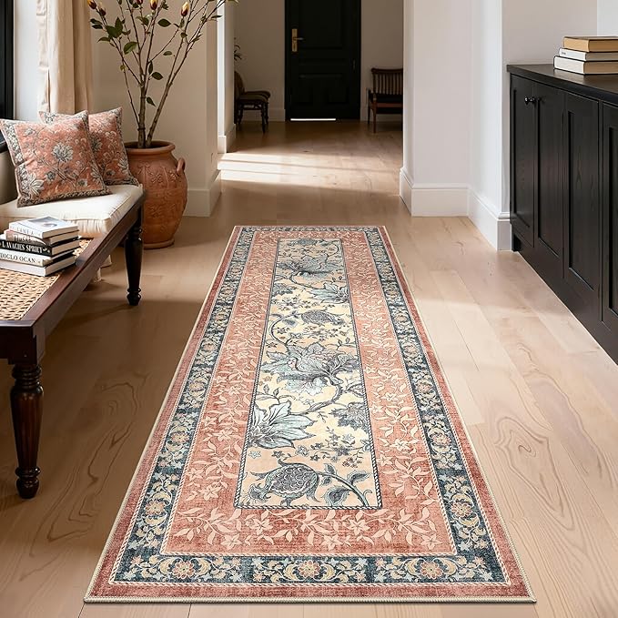 GarveeHome Terracotta Teal Washable 5x7 Area Rugs, Botanical Grove Vintage Cottage core Non-Slip Rug for Bedroom Living Room Nursery Kitchen Low-Pile Retro Carpet