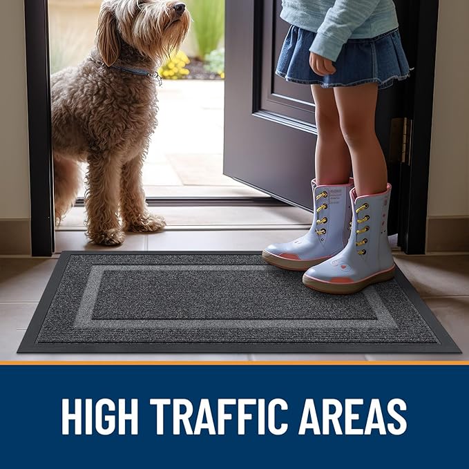 OLANLY Front Door Mat Indoor Outdoor Entrance, Waterproof All-Season, All-Weather Doormat, Sturdy Natural Rubber, Fade Resistant, Low Profile, Easy Clean Patio Porch Entryway Mat, 59x40, Grey