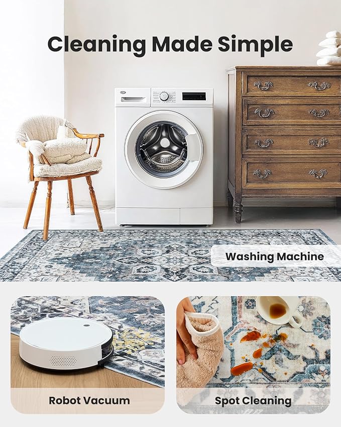 AMADA HOMEFURNISHING 10x14 Washable Area Rug, Low-Profile Large Area Rug with Non-Slip Backing & Durable Edge Binding, Vintage Large Rugs for Living Room, Bedroom & Dinning Room