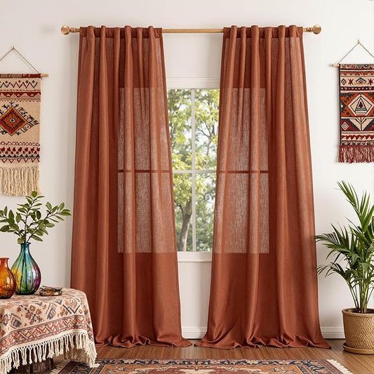 MYSKY HOME Living Room Curtains for Windows 108 Inch Long Light Filtering Sliding Door Semi Sheer Curtain Extra Long Floor Length Drapes Farmhouse Boho Privacy Back Tab, 50" Wide, Terracotta, Set of 2