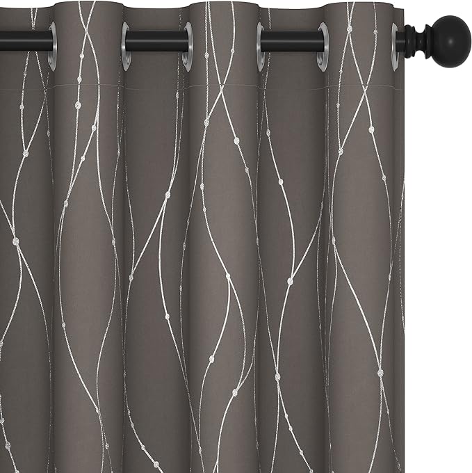 Deconovo Blackout Curtains, Thermal Insulaed Soundproof Drapes, Wave Dots Silver Print, 52 x 108 Inch Long, Set of 2, Machine Washable Window Panel for Sliding Door Bedroom Living Room Nursery, Taupe