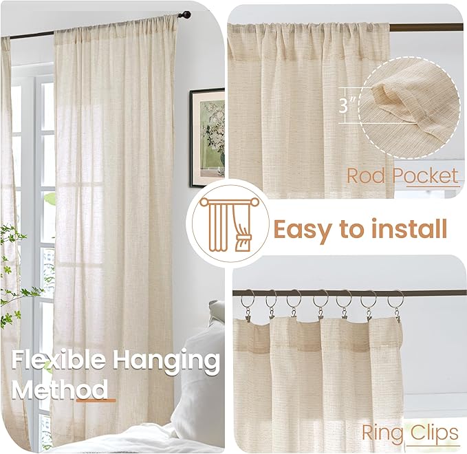 BGment Natural Tan Linen Curtains 80 Inches Long for Living Room - Light Filtering Window Drapes with Rod Pocket Semi Sheer for Farmhouse Bedroom Decor Rustic, 2 Panels, 52 Inch Wide Each Panel