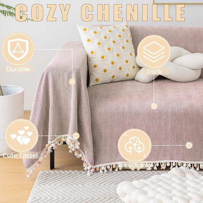 HANDONTIME Soild Couch Covers for Dogs Pink-Purple Sofa Covers Boho Cover for Sofa 3 Seats Chenille Sofa Throw Cover Mauve Sofa Covers for 3 Cushion Couch Tassel, Washable, Pet Friendly, 71" X134"
