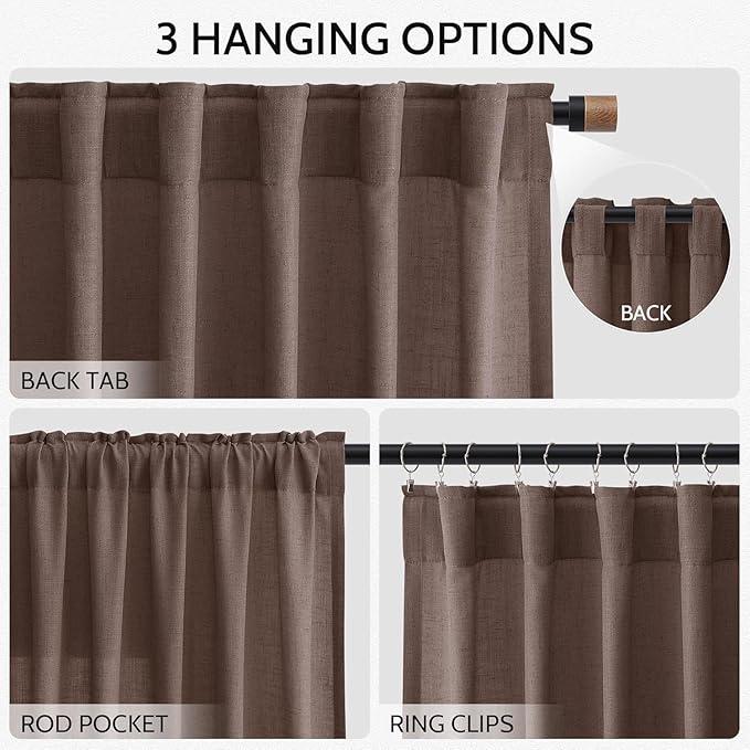 Cappuccino Linen Curtains for Living Room 98 Inches Long Light Filtering Semi Sheer Curtain Back Tab Rod Pocket Luxury Modern Rustic Home Decor Neutral Drapes for Bedroom Dinner Room 52x98, 2 Panels