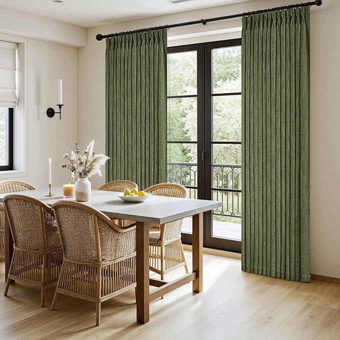 MIULEE Olive Green Pinch Pleated Thick Linen Curtains 102 Inches Long 2 Panels for Living Room Bedroom, Linen Texture Drapes Memory Trained Semi Sheer Moss Green Window Curtains with Hooks&Rings