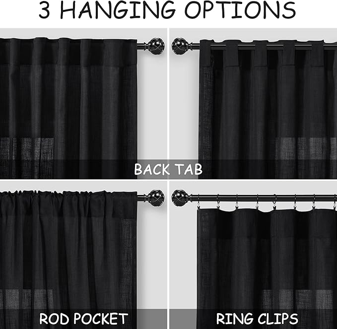 Black Linen Curtains 90 inches Long for Bedroom Back Tab Light Filtering Privacy Sheer Black Curtains Modern Farmhouse Coastal Decor Black Cotton Textured Gauze Curtain 2 Panel Set 38x90