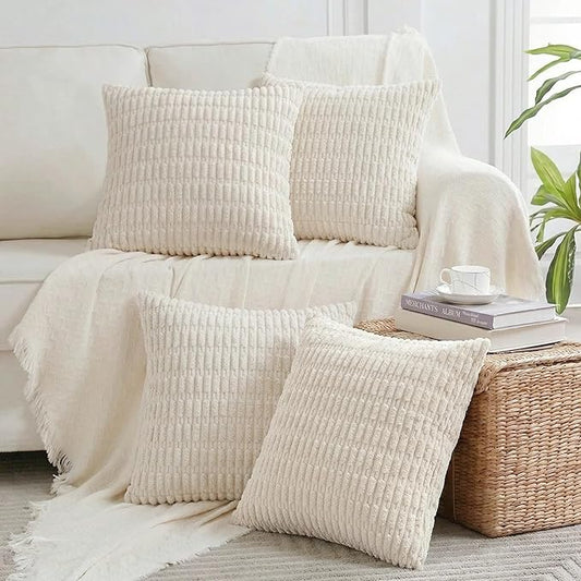 Fancy Homi 4 Packs Boho Cream Decorative Throw Pillow Covers 26x26 Inch for Living Room Couch Bed Sofa, Rustic Modern Farmhouse Home Decor, Soft Plush Corduroy Beige Cute Square Cushion Case 66x66 cm