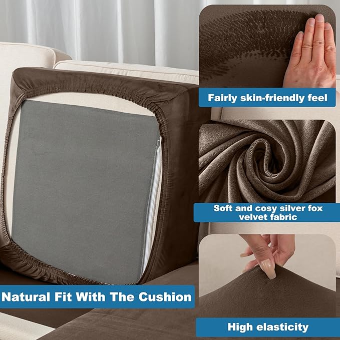 Couch Cover 3-Piece Elastic Velvet Couch Cushion Covers & Chaise Slipcovers for L-Shaped Sofas - Sofa Seat Covers Washable, Soft Protector for Couches (2 Seater + Chaise, Coffee)